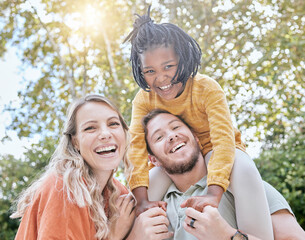 Diversity, adoption and girl with parents in a park in summer for support, love and care on holiday. Happy, smile and portrait of African child with mother and father in foster care bonding in nature