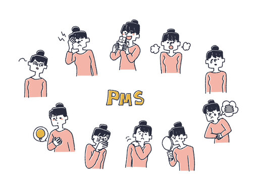 PMSで悩む女性のイラストセット