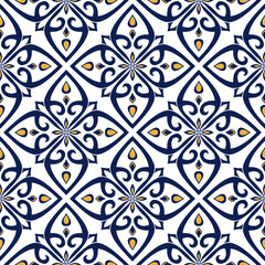 Tile seamless pattern design. With blue and yellow motifs. Vector illustration.