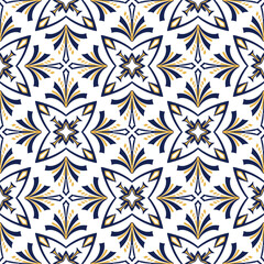 Fototapeta na wymiar Tile seamless pattern design. With blue and yellow motifs. Vector illustration.