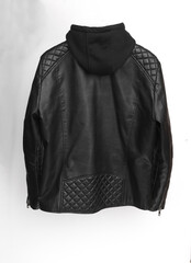 Leather biker jacket with a hood on a white background