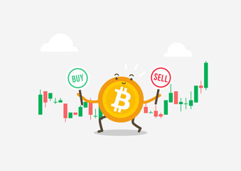 Bitcoin holding buy or sell sign with candlestick chart. Cryptocurrency cartoon concept.