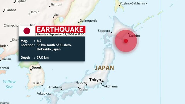 Hokkaido, Japan - September 25, 2003: Animation of japan Earthquake. M 8.2 earthquake, 135 km south of Kushiro, Hokkaido, Japan