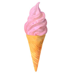 イチゴ味のソフトクリームの水彩風背景透過イラスト