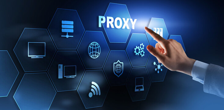 Proxy server. Cyber security. Concept of network security on virtual screen.