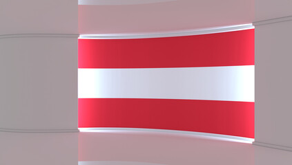 TV studio. Austria. Austrian flag. News studio. Loop animation. Background for any green screen or chroma key video production. 3d render. 3d