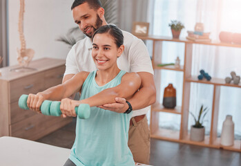 Fototapeta na wymiar Physiotherapy, exercise and dumbbells with a man therapist and woman client in a rehabilitation session. Fitness, health and consulting with a female patient in recovery training with a male physio