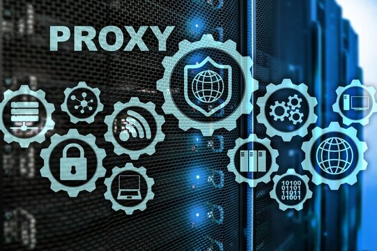 Proxy server. Cyber security. Concept of network security on virtual screen. Server room background