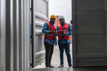 Portrait photo of the moment of two black african male container engineers working and inspecting...
