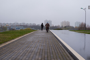 A senior woman in the park is engaged in Nordic walking, in the background the city is visible in the fog.