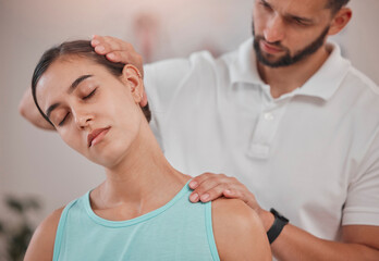 Obraz na płótnie Canvas Massage, physiotherapy and injury with a woman customer suffering from neck pain in session with a man consultant. Fitness, wellness and pain with a therapist and female client in rehabilitation
