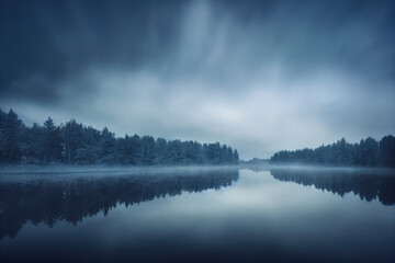 Obraz premium Mystery Foggy Lake. Forest Side. Beautiful Fantasy Landscape.
