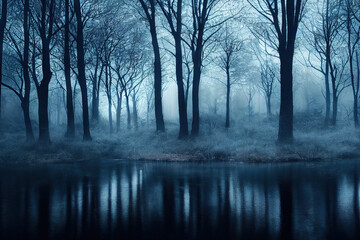 Mystery Foggy Lake. Forest Side. Beautiful Fantasy Landscape.
