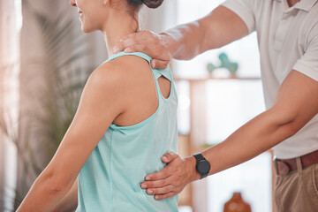 Chiropractor, consultation and woman in physical therapy for her back pain, muscle stress and body...
