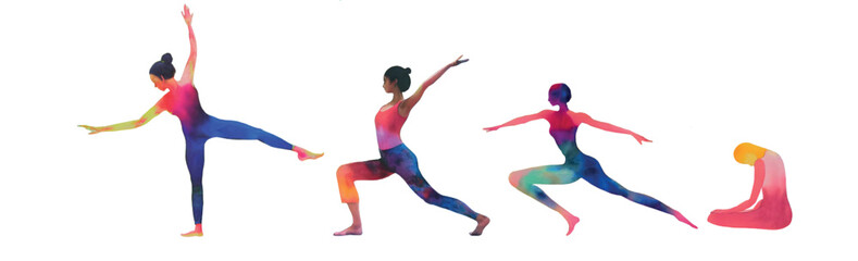 Watercolor yoga set isolation on white background. Yoga poses, asana, sport, dance. Healthy lifestyle and relaxation. Abstract vector illustration.