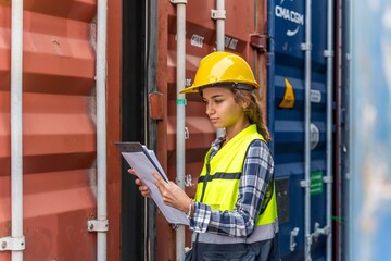 Photo of a young beautiful professional western female brunette engineer inspecting containers in a shipping containers yard to ensure the content and delivery information is correct