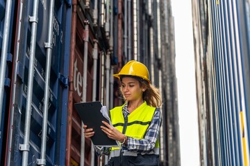 Photo of a young beautiful professional western female brunette engineer inspecting containers in a shipping containers yard to ensure the safety and delivery information is correct