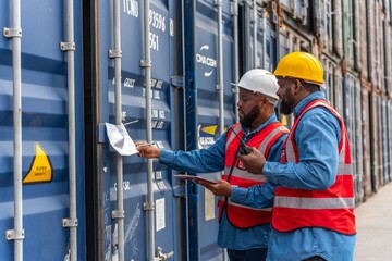 Two black african male professional engineers inspecting a container in a logistic shipping yard...