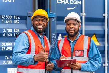 Two black african male professional engineers doing routine checkup on a container logistic...