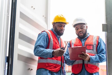 Two black african male professional engineers doing routine checkup on a container logistic shipping yard ensuring all containers are following procedure and safety regulation