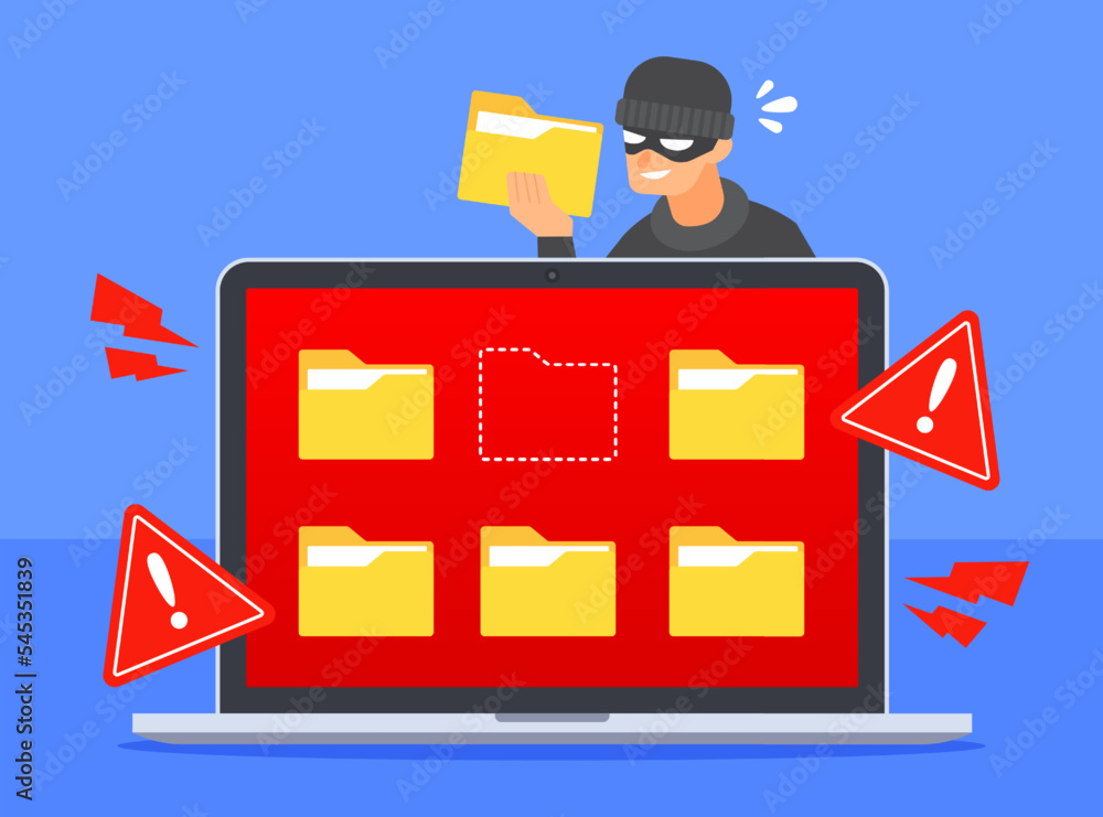 Poster hacker stealing document folder icon from laptop screen. system warning alert to cyber threat or cyb