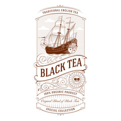 Tea Label Vintage Logo with Sailing Ship - obrazy, fototapety, plakaty