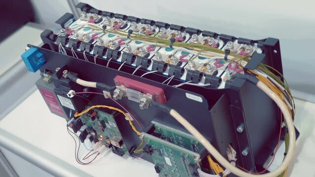 The structure of a modern technological battery with a charging system inside. Shot in motion. Closeup