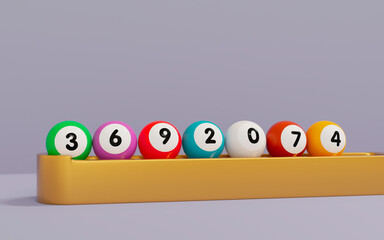 3d set of six colorful lottery balls lying on a golden stand with a gray background. Winning number in the lottery. 3d rendering illustration.