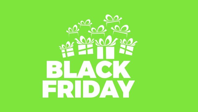 Black friday sale animation. text with gift packages. Green screen, chroma key
