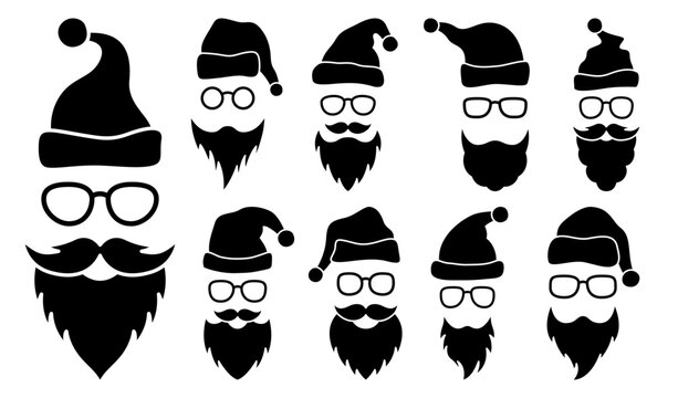 Beard with christmas hat and glasses on white background