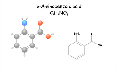 Stylized molecule model/structural formula of o-Aminobenzoic acid.
