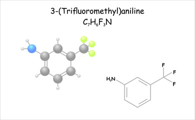 Stylized molecule model/structural formula of 3-(Trifluoromethyl)aniline.