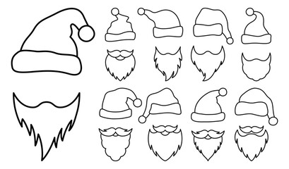 Set of Beard with christmas hat in line style isolated