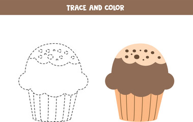 Trace and color cartoon cupcake. Worksheet for children.