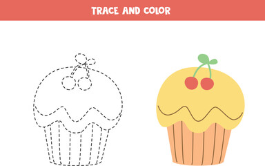 Trace and color cartoon cupcake. Worksheet for children.