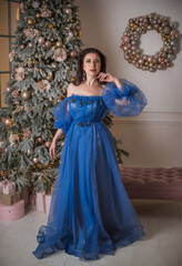 Winter holiday concept. Inspiration and fairy time. Woman near Christmas tree. Pretty nice lady in party dress, holidays days, magical night time