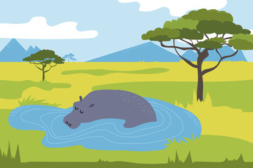 Hippo in the savannah. Hippo swimming in the lake. Wild animals of Africa. Cartoon vector landscape