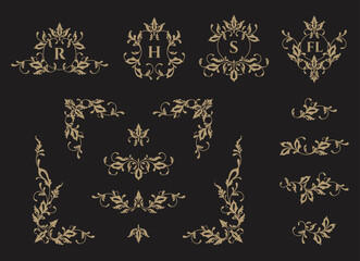 Set of decorative elements in classical style. Floral ornamental monogram frames and borders, corners.