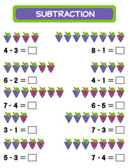 Subtraction.  Math worksheet for kids. Developing numeracy skills. Solve examples and write. Mathematics. Vector illustration.Educational math children game. Subtraction for kids.