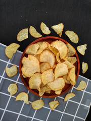 Cassava chips, traditional snack, fried of thin sliced cassava. Flat lay