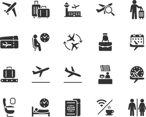 Vector set of airport flat icons. Contains icons baggage, departure, boarding, plane ticket, hand luggage, waiting room, transfer, check-in desk and more. Pixel perfect.