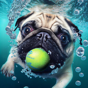 Schnappschuss eines Hundes der unter unter Wasser einen Ball fängt, made by AI, künstliche Intelligenz