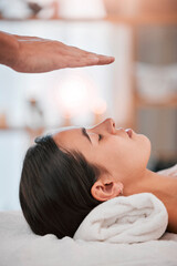 spa, woman and hands with light energy healing for luxury healthcare wellness or reiki peace....
