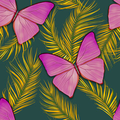 Seamless pattern with butterflies and Tropical flowers and leaves. Stylish trendy fashion floral pattern - 545357031