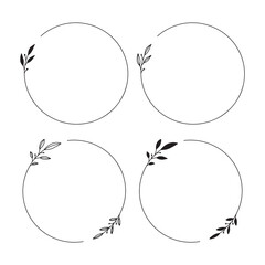 Set of 4 hand drawn spring wreaths isolated on white background, vector. Outline and silhouette frames with leaves. Doodle style.Collection of floral monogram frames.