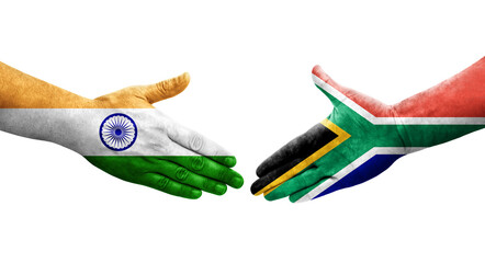 Handshake between South Africa and India flags painted on hands, isolated transparent image.