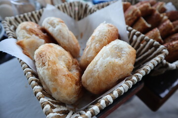 Slices of bread on the basket for breakfast. Turkish bread dish