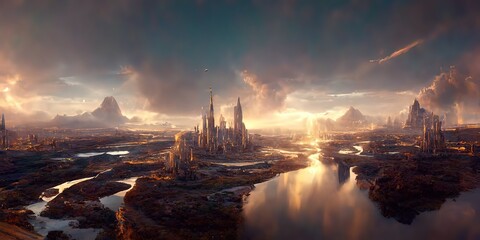 Isolated futuristic city on landscape as background