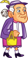 Friendly Smiling Old Lady Walking with Hand Bag Cartoon