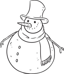 Snowman lineart vector icon. Snow winter comic style image. Hand drawn isolated lineart image for prints, designs, cards. Web, mobile